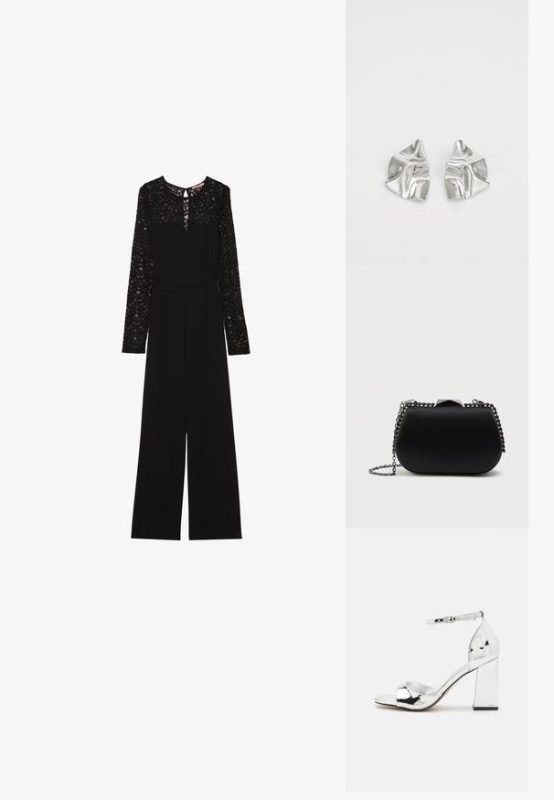Zwarte jumpsuit met lange kantmouwen, een sleutelgat-halslijn en een breed-pijpen ontwerp. Gemaakt van een zachte, gestructureerde stof.; Zilveren hoge hak sandaal met een blokhak, open teen en enkelbandje. Gekenmerkt door een glanzende lakafwerking en een gevoerd voetbed.; Zwarte clutch tas met een gladde, matte afwerking, ronde vorm en een zilveren kettinghengsel. Bevat een geometrische sluiting bovenaan.; Zilveren metalen oorbellen met een golvend, sculpturaal ontwerp, voorzien van een gepolijste afwerking en onregelmatige vormen, die een hedendaagse esthetiek benadrukken.