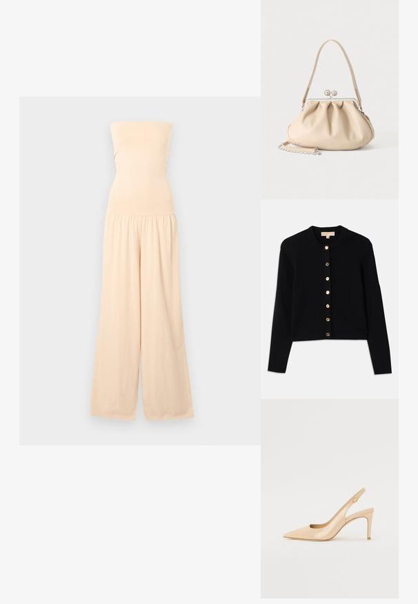 Beige strapless jumpsuit met een aansluitend lijfje en wijde pijpen, gegatherd bij de taille, weergegeven tegen een lichtgrijze achtergrond.; Zwarte cardigan van zacht stof, met een ronde hals, lange mouwen en zes gouden knopen aan de voorkant.; Nude gepatineerd leren slingbackhak met een spitse neus, open vamp en een dunne stilettohak. Bevat een ronde gouden accent op de band.; Beige zachte leren handtas met een zilveren metalen frame sluiting, een enkele schouderriem en een optionele kettingriem op een witte achtergrond.