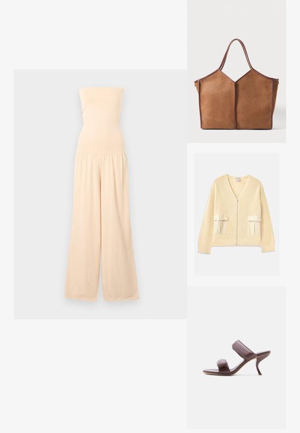 Combinaison beige bustier avec corsage ajusté et pantalons larges, froncée à la taille, présentée sur un fond gris clair.; Gilet tricoté crémeux avec un col en V, une fermeture éclair frontale et deux poches plaquées. Présente des poignets et un ourlet côtelés, avec des accents en tissu lisse.; Sandale à talon haut en cuir marron, ouverte à l'avant, avec deux brides rembourrées et un talon aiguille incurvé, présentée sur un fond blanc.; Sac fourre-tout en cuir marron avec des bords en cuir, doté d'une texture striée verticale et de deux poignées, se tenant droit sur un fond blanc uni.