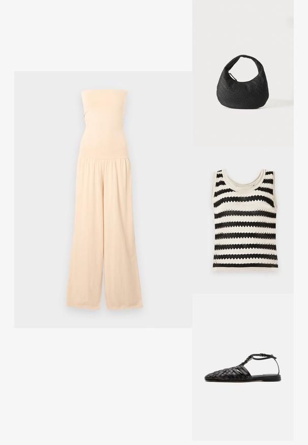 Combinaison beige bustier avec corsage ajusté et pantalons larges, froncée à la taille, présentée sur un fond gris clair.; Top sans manches en tricot avec des rayures horizontales noir et crème, présentant un col rond et un motif texturé.; Sandale plate en cuir noir avec bout fermé tissé, bride à la cheville et boucle, présentée sur fond blanc.; Sac à main en cuir tressé noir avec une poignée courbée et un corps en forme de croissant, présenté sur un fond blanc uni.