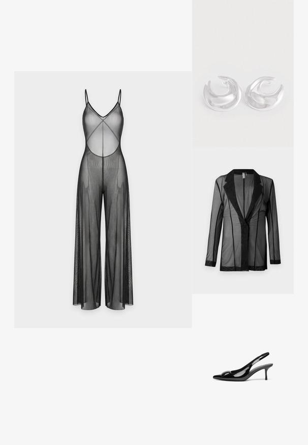 Mono negro transparente de pierna ancha con tirantes finos y espalda con escote profundo, confeccionado en tela de malla ligera.; Blazer negro semitransparente con solapa clásica, mangas largas y rayas verticales. Fabricado en material ligero, con una textura suave y un diseño de apertura frontal.; Tacones slingback de charol negro con punta afilada y acabado brillante. Presentan un tacón delgado y un acento redondeado en el empeine.; Un par de pendientes de aro en forma de media luna de plata pulida con una superficie suave y reflectante sobre un fondo blanco.