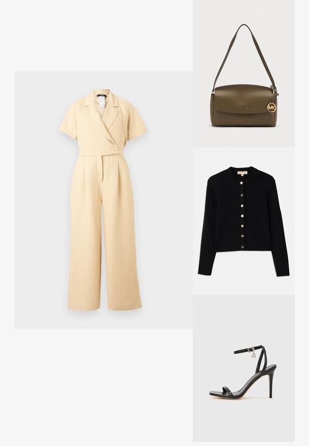Beige korte mouw jumpsuit met wijde pijpen, overslag V-halskraag en getailleerde taille, gemaakt van lichtgewicht stof.; Zwarte cardigan van zacht stof, met een ronde hals, lange mouwen en zes gouden knopen aan de voorkant.; Zwarte sandaal met hoge hak, smalle enkelband, vierkante neus, soepel leermateriaal en metalen gespsluiting.; Olijfgroene leren schoudertas met klepsluiting en gouden Michael Kors logo hanger die aan de band hangt.