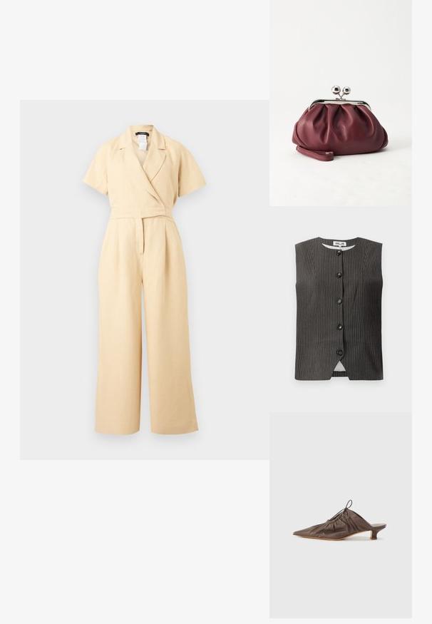 Mono beige de manga corta con piernas anchas, cuello en forma de V estilo cruzado y cintura ajustada, confeccionado con tela ligera.; Chaleco sin mangas oscuro con rayas verticales, que cuenta con cinco botones en el frente, escote redondeado y una tela suave con un sutil brillo.; Mule de cuero marrón con punta afilada, textura recogida, tacón pequeño y un acento de cordón en la abertura. Acabado suave.; Pequeño bolso de mano de cuero burdeos con cierre metálico plateado y correa de muñeca sobre un fondo blanco.