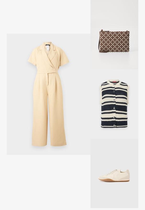 Combinaison beige à manches courtes avec jambes larges, col en V style portefeuille et taille cintrée, réalisée dans un tissu léger.; Déhanché tricot sans manches avec des rayures bleu marine et ivoire, présentant un col rond, six boutons en métal argenté et un détail de bord côtelé.; Baskets beige clair avec une tige en cuir texturé, des panneaux latéraux texturés et une semelle en caoutchouc. Dotées d'un design fin et épuré ainsi que de lacets plats.; Pochette marron à motifs avec un design géométrique en beige clair, dotée d'une fermeture éclair et d'une bandoulière réglable marron.