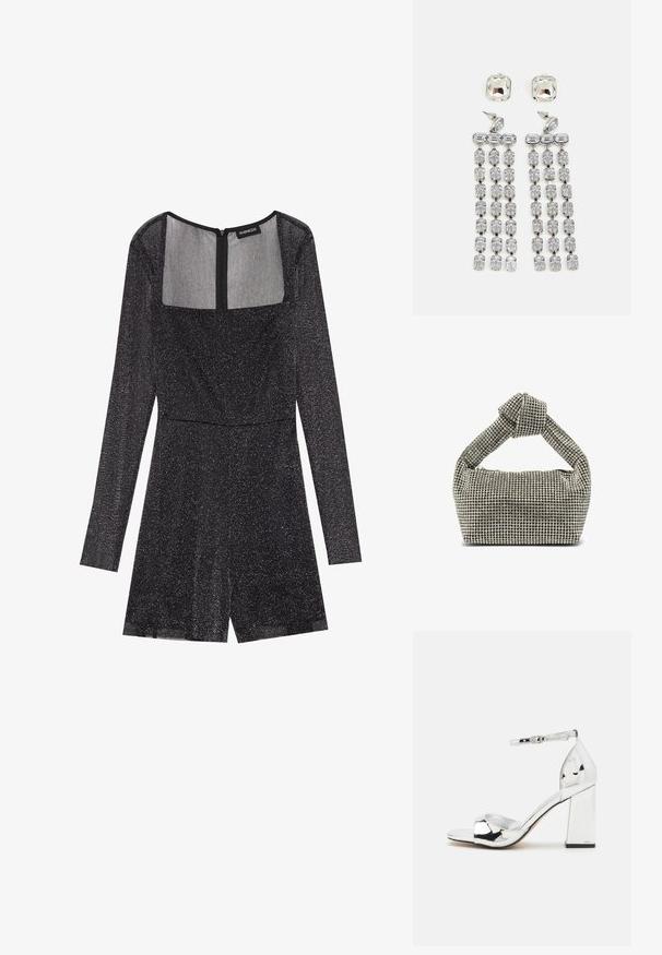 Mono negro de mangas largas con escote cuadrado y un panel translúcido. Tejido texturizado con un ligero brillo. Cierre en la espalda con cremallera.; Sandalia de tacón alto plateada con tacón cuadrado, punta al aire y tira en el tobillo. Presenta un acabado de charol brillante y una plantilla acolchada.; Bolso de mano plateado adornado con un asa superior anudada, de forma rectangular, cubierto de pequeños strass redondos, textura suave.; Pendientes colgantes de cristal con herrajes en tono plateado, que presentan un stud cuadrado y filas en cascada de cristales rectangulares y octogonales.