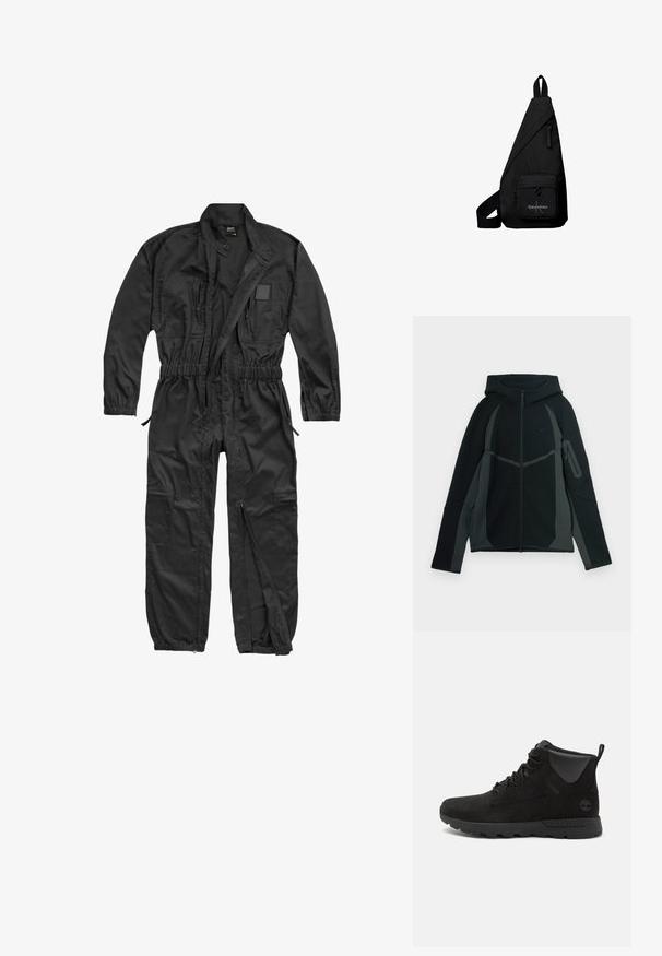 Brandit BRANDIT HERREN EINSATZKOMBI - Jumpsuit - black; Schwarzer und dunkelgrauer Hoodie mit einem Reißverschluss vorne, großer Kapuze und seitlicher Reißverschlusstasche. Verfügt über ein strukturiertes Design und kontrastierende Einsätze.; Schwarze High-Top-Stiefel aus Wildleder und synthetischen Materialien, mit einer strukturierten Oberfläche, Schnürdesign und Gummisohle mit Grip.; Schwarze dreieckige Crossbody-Tasche mit vorderer Reißverschlusstasche mit Calvin Klein Logo und verstellbarem Riemen.