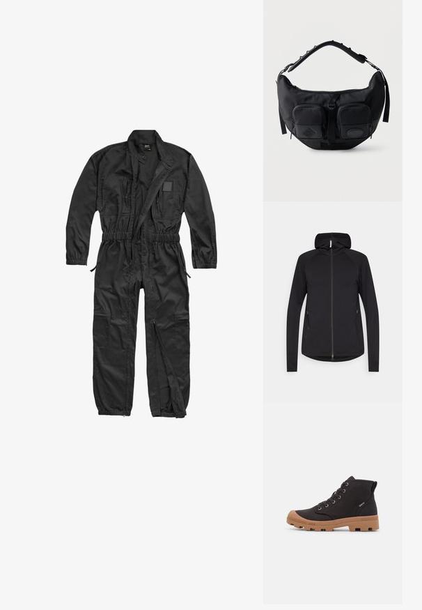 Brandit BRANDIT HERREN EINSATZKOMBI - Overal - black; Čierna mikina na zips s dlhými rukávmi, predným zipsom, bočnými vreckami a pripevnenou kapucňou, zobrazená na bielom pozadí.; Čierne plátenné členkové čižmy s hnedými gumovými podrážkami, obsahujúce kovové očká, viazanie na šnúrky a textúrovaný povrch.; Čierna polmesiacová taška na rameno s polstrovaným nastaviteľným remienkom a dvoma prednými vreckami na zips s ťahadlami.