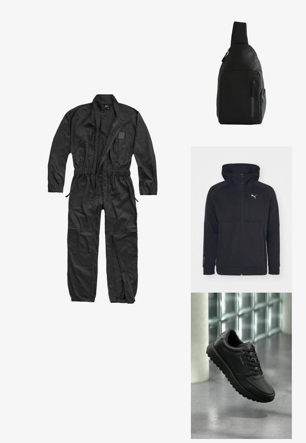 Brandit BRANDIT HERREN EINSATZKOMBI - Haalari - black; Mustattu vetoketjuhuppari, joka on valmistettu pehmeästä kankaasta. Siinä on huppu, sivutaskut ja valkoinen logo vasemmassa rinnassa. Hellä rakenne ja moderni istuvuus.; Musta nahkainen Calvin Kleinin lenkkikenkä nauhoilla, karkeapohjainen, leijuu kiillotetun betonilattian yläpuolella, lasiblokkiseinä taustalla.; Musta yksihihnainen olkalaukku, jossa edessä vetoketjutasku ja sivulla joustava tasku, suunniteltu rentoon tai kaupunkikäyttöön.