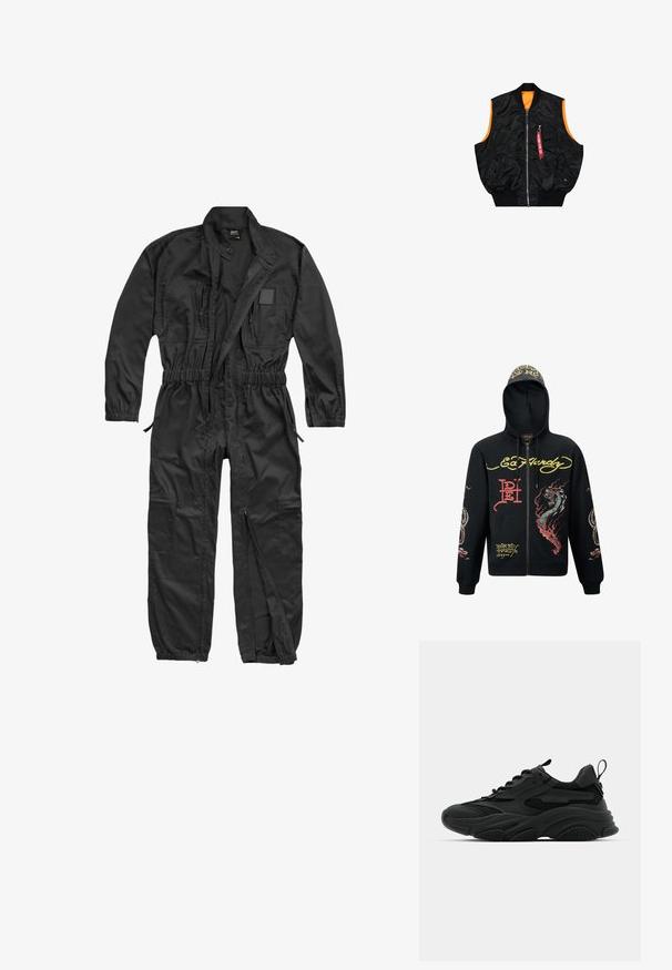 Brandit BRANDIT HERREN EINSATZKOMBI - Buksedragter - black; Sorte hættejakke med lynlås, der har hætte, med farverige grafik af drager og slanger, tekstureret stof, ribbede manchetter og logo-detaljer.; Sort bombervest med orange inderside, lynlås lukning, sidelommer og en lille lomme med rød mærke detaljer. Glat, skinnende stof.; Sorte atletiske sneakers med en kraftig sål, meshpaneler og gummidetaljer. Har en trækflap ved hælen og strukturerede mønstre.