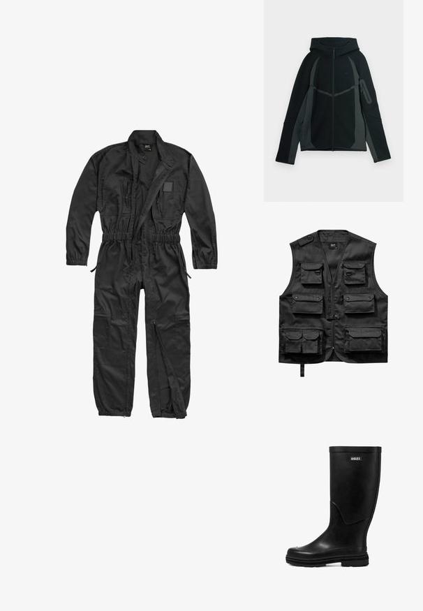 Brandit BRANDIT HERREN EINSATZKOMBI - Jumpsuit - black; Schwarze Weste aus leichtem Stoff, ausgestattet mit sechs frontalen Taschen, einem Reißverschluss vorne und einem Knopfverschluss an der linken Schulter.; Schwarzer und dunkelgrauer Hoodie mit einem Reißverschluss vorne, großer Kapuze und seitlicher Reißverschlusstasche. Verfügt über ein strukturiertes Design und kontrastierende Einsätze.; Schwarzer Gummi-Regenstiefel mit glatter Textur, runder Zehenform und einem Logo-Patch. Verfügt über eine mittelhohe Schafthöhe und eine strukturierte Sohle für besseren Halt.