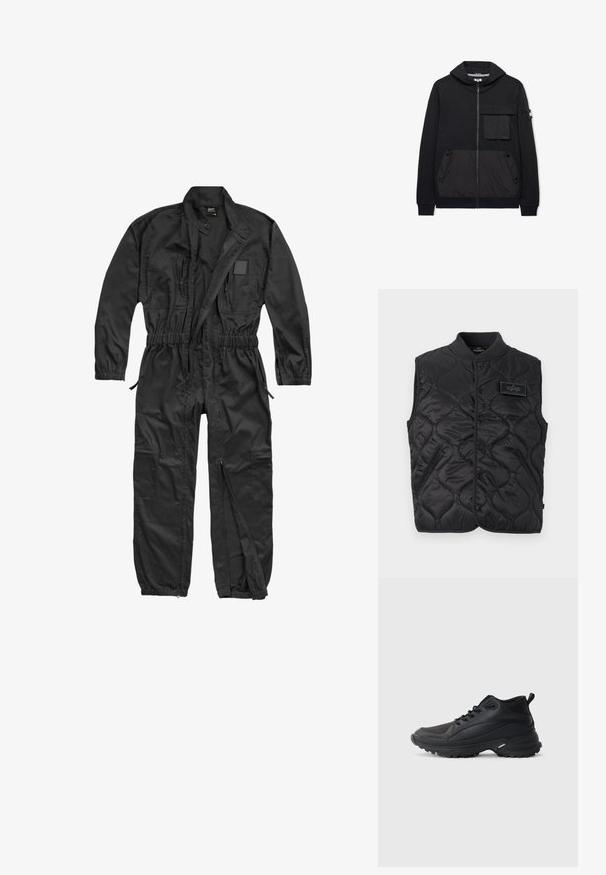 Brandit BRANDIT HERREN EINSATZKOMBI - Combinaison - black; Veste matelassée noire sans manches avec boutons-pression, deux poches avant zippées, col côtelé, et écusson du logo Alpha Industries sur la poitrine.; Sweat à capuche noir zippé avec poche à rabat sur le devant, deux poches latérales à boutons, poignets côtelés et un petit écusson sur la manche gauche.; Chaussures de sport noires en matériau synthétique. Dotées d'un col rembourré, d'un embout rond, d'une semelle extérieure robuste avec traction, et d'un détail avec le logo de la marque.