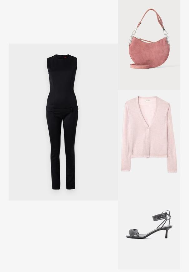 Sort ærmeløs jumpsuit med tætsiddende krop og bred talje, med skræddersyede bukser og lynlåslukning i ryggen. Glat tekstur.; Lys pink cardigan, cropped design, lange ærmer, v-hals, enkelt knaplukning, blød tekstur, subtil strikket mønster og rå kantdetaljer.; Grå læder sandal med hæl, knyttet rem ved tæerne og snørebånd, der vikles om anklen, på slank mellemhøj hæl mod hvid baggrund.; Lyserød ruskind halv-måne håndtaske med kort rem, aftagelig længere rem, sølv hardware og lille mærkelogo på forsiden i midten.
