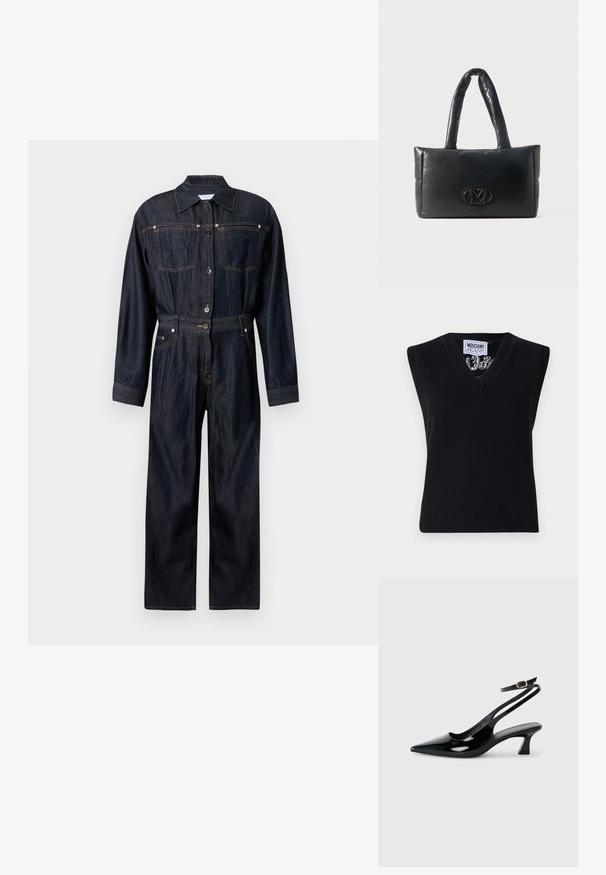 Denim-dragt i mørkeblå med krave, lange ærmer, knaplukning, to forlommer og bælte i taljen for en tætsiddende silhuet.; Sort, ærmeløs strik top med V-udskæring. Har ribbet kant og et mønster synligt omkring halsudskæringen. Etiketten siger "MOSCHINO JEANS."; Sorte patenterede læderslingbacks med spidse tæer, lav blokhælt og justerbar ankelrem med guldspænde.; Sort rektangulær polstret håndtaske med to polstrede håndtag og et centralt præget logo på frontpanelet.