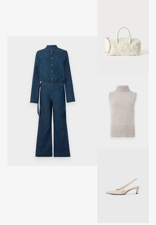 Mono de denim azul oscuro con mangas largas, cierre frontal con botones, cuello, piernas anchas y un cinturón a juego de tela en la cintura.; Chaleco de punto sin mangas en color beige con cuello alto, sisas y dobladillo acanalados sobre un fondo blanco.; Tacones slingback beige con punta estrecha, laterales abiertos y un pequeño tacón cuadrado. Textura de cuero suave y diseño minimalista.; Pequeño bolso blanco con textura de pelo rizado, asas dobles y una correa de hombro desmontable sobre un fondo claro y liso.