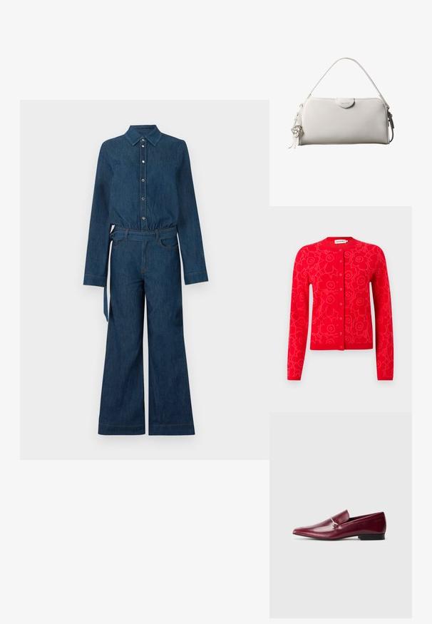 Dark blue denim jumpsuit with long sleeves, button-up front, collar, wide legs, and a matching fabric belt at the waist.; Red knit cardigan featuring a floral pattern, round neckline, and button closure. Long sleeves and ribbed cuffs and hem detail.; Burgundy leather loafers with pointed toes and a flat black heel, featuring silver tone chain hardware across the front. Smooth texture.; White rectangular Calvin Klein handbag with single handle, minimal design, and decorative tassels with geometric metal charm on the side.