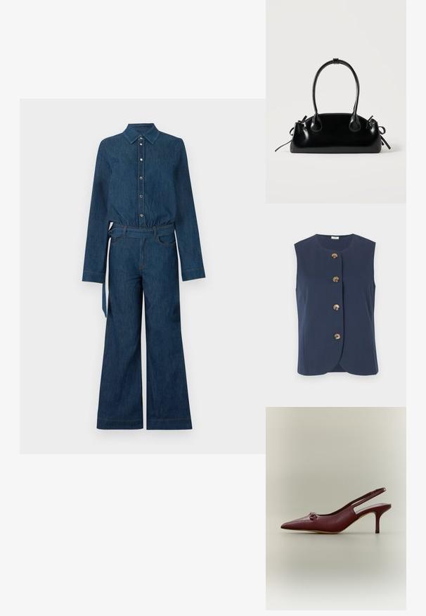 Combinaison en denim bleu foncé avec manches longues, fermeture boutonnée à l'avant, col, jambes larges et ceinture assortie en tissu à la taille.; Veste sans manches bleu marine avec encolure arrondie et quatre grands boutons marron sur le devant, sur fond uni.; Chaussure à talon haut slingback en cuir rouge foncé avec bout pointu et petit nœud décoratif à l'avant, vue de profil sur fond neutre.; Petit sac à main noir brillant avec deux longues anses et des détails à cordon sur les côtés sur un fond clair uni.