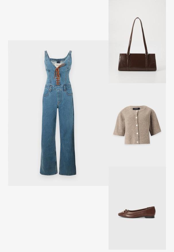 Combinaison en denim avec un corsage ajusté et un pantalon à jambes larges, présentant un col arrondi et un devant à lacets marron. Couleur bleu clair et tissu texturé.; Cardigan beige en maille côtelée à manches courtes avec col rond et boutons blancs sur le devant par Vero Moda.; Ballerines en cuir marron avec un bout rond, un petit talon noir et un nœud décoratif avec des accents dorés à l'avant. Texture lisse.; Sac à main en cuir verni marron de forme rectangulaire, avec deux longues poignées et des accents courbés subtils à l'avant.