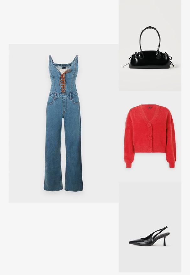 Combinaison en denim avec un corsage ajusté et un pantalon à jambes larges, présentant un col arrondi et un devant à lacets marron. Couleur bleu clair et tissu texturé.; Cardigan rouge avec un col en V, trois boutons décoratifs en forme de fleur et des poignets côtelés. Fabriqué en tissu souple et texturé. Coupe courte.; Chaussure à talon haut en cuir noir, à bride arrière, avec un bout pointu et un talon fin sur fond blanc.; Petit sac à main noir brillant avec deux longues anses et des détails à cordon sur les côtés sur un fond clair uni.