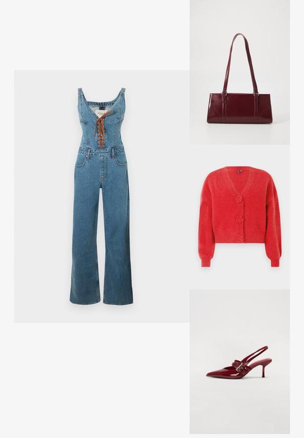 Denim jumpsuit met een nauwsluitend lijfje en wijde pijpen, voorzien van een ronde halslijn en een bruine vetersluiting aan de voorkant. Lichtblauwe kleur en gestructureerde stof.; Rode cardigan met een V-hals, drie decoratieve knopen in de vorm van bloemen en geribbelde manchetten. Gemaakt van zachte, getextureerde stof. Cropped fit.; Rode gepatenteerde leren slingbackhakken met een spitse neus, twee gespsluitingen en een slanke, middelhoge stilettohak. Glad textuur.; Bourgondische handtas van glanzend materiaal, rechthoekige vorm, met twee schouderbanden en subtiele gebogen accenten aan de voorkant.