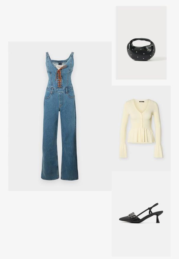 Denim overall med en tætsiddende overdel og vide bukseben, der har en rund halsudskæring og brun snørelukning foran. Lyseblå farve og struktureret stof.; Cremefarvet ribbet cardigan med lange ærmer, V-hals, tre knapper foran, rynket peplumtalje og udvidede manchetter.; Simmi London DALA - Pumps - black; Sort læderhåndtaske med en rundet form, dekoreret med sølvnitter, og et kort håndtag. Glat tekstur og lynlåslukning.