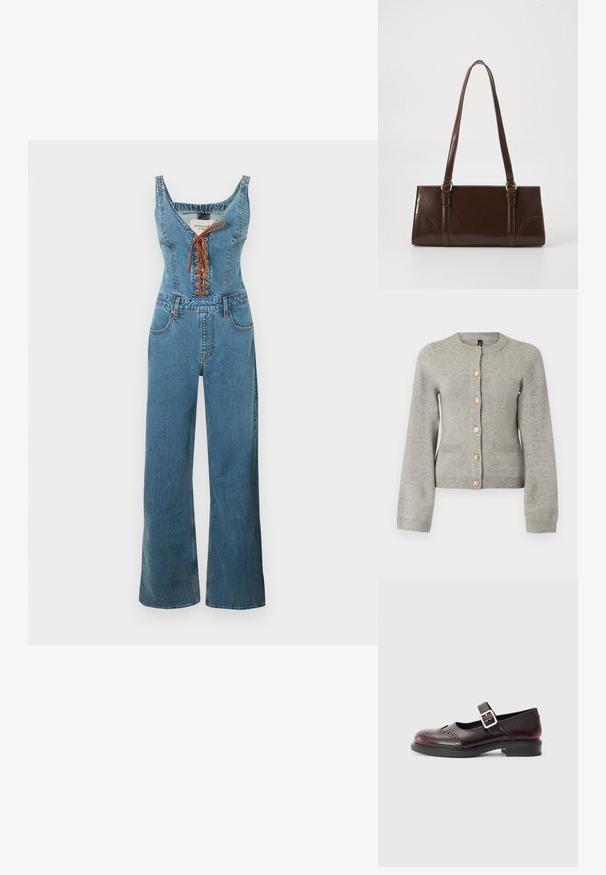 Jeans-Overall mit tailliertem Oberteil und weitem Bein, mit rundem Ausschnitt und brauner Schnürung vorne. Hellblaue Farbe und texturierter Stoff.; Hellgraue Strickjacke mit rundem Ausschnitt, langen Ärmeln und goldfarbenen Knöpfen auf der Vorderseite. Verfügt über zwei Taschen auf der Vorderseite.; Mary-Jane-Schuhe aus dunkelburgunderfarbenem Lackleder, mit gestanzten Details und einem geschnallten Riemen. Niedriger Blockabsatz, runde Zehenform.; Braune Lackleder-Handtasche in rechteckiger Form, mit zwei langen Griffen und subtilen, geschwungenen Akzenten auf der Vorderseite.
