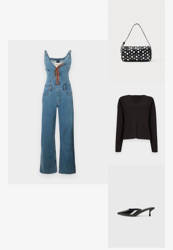 Denim overall med en tætsiddende overdel og vide bukseben, der har en rund halsudskæring og brun snørelukning foran. Lyseblå farve og struktureret stof.; Sort V-hals cardigan med lange ærmer, der har en knaplukning fortil og runde knapper. Blød strikket stof med et minimalistisk design.; Sorte patenterede lædermules med spids tå, lav kittenheel og buede sider, der har en glansfuld finish og minimalistisk design.; Sort læderhåndtaske med rund form, dekoreret med sølvnitter. Har en aftagelig rem og lynlås. Glat tekstur.