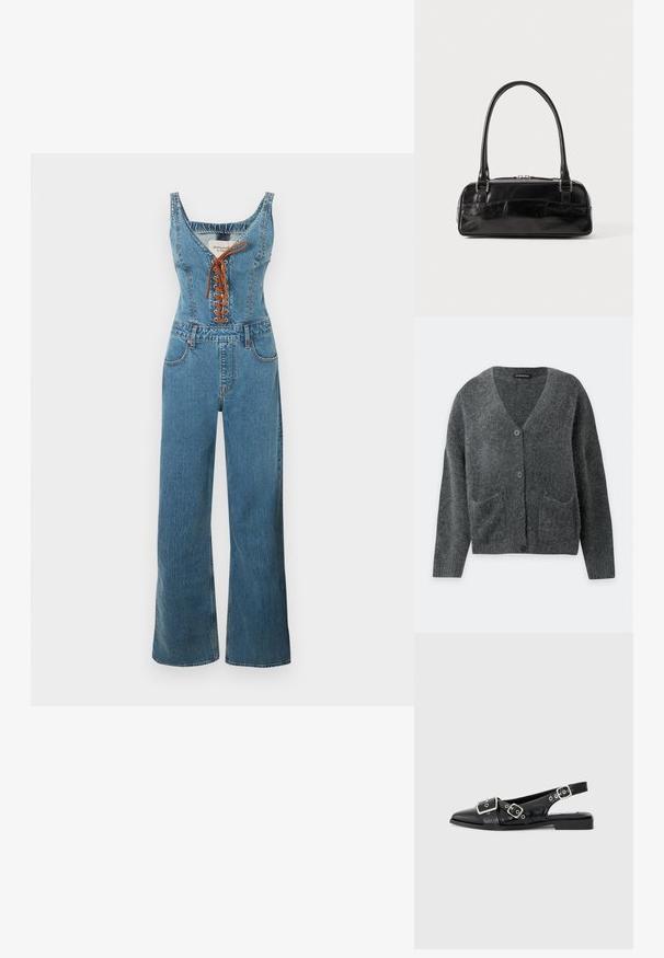 Denim jumpsuit met een nauwsluitend lijfje en wijde pijpen, voorzien van een ronde halslijn en een bruine vetersluiting aan de voorkant. Lichtblauwe kleur en gestructureerde stof.; Donkergrijze pluizige cardigan met lange mouwen, V-hals, knopen aan de voorkant en twee voorzakken, getoond op een eenvoudige lichte achtergrond.; Zwart leren slingback schoen met een spitse neus, twee zilveren gespen en een lage blokhak. Bevat een gemêleerde bovenkant en een open achterkant.; Zwarte leren handtas met een rechthoekige vorm, voorzien van een enkele gestructureerde handgreep, zilveren hardware en ritsluiting. Gladde textuur.