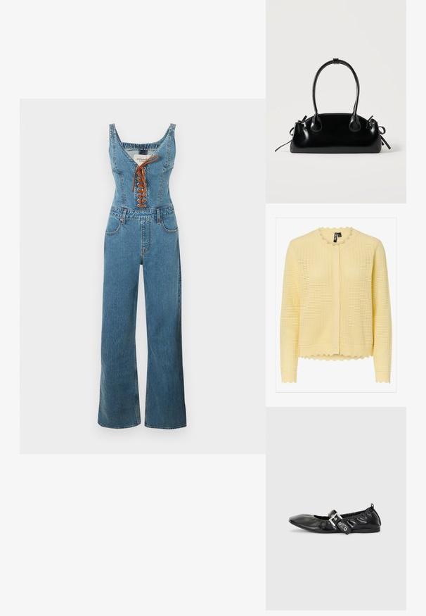 Combinaison en denim avec un corsage ajusté et un pantalon à jambes larges, présentant un col arrondi et un devant à lacets marron. Couleur bleu clair et tissu texturé.; Cardigan tricoté jaune pâle à manches longues, avec encolure ronde festonnée, ourlet festonné, et fermeture à boutons sur le devant.; Chaussure plate en cuir noir avec un nez pointu, des détails froncés autour de l'ouverture et un accent en boucle argentée sur la bride ajustable.; Petit sac à main noir brillant avec deux longues anses et des détails à cordon sur les côtés sur un fond clair uni.