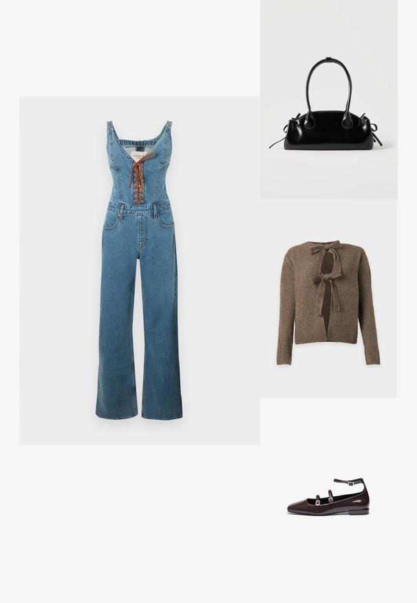 Denim overall med en tætsiddende overdel og vide bukseben, der har en rund halsudskæring og brun snørelukning foran. Lyseblå farve og struktureret stof.; Brun ribstrikket cardigan med to bindelukninger foran og lange ærmer på en ensartet lys baggrund.; Brune patentlæder flade sko med spids tå, der har to justerbare stropper og sølvspænder samt en lav, firkantet hæl.; Lille sort blank håndtaske med to lange håndtag og snøre-detaljer i siden på en ensfarvet lys baggrund.