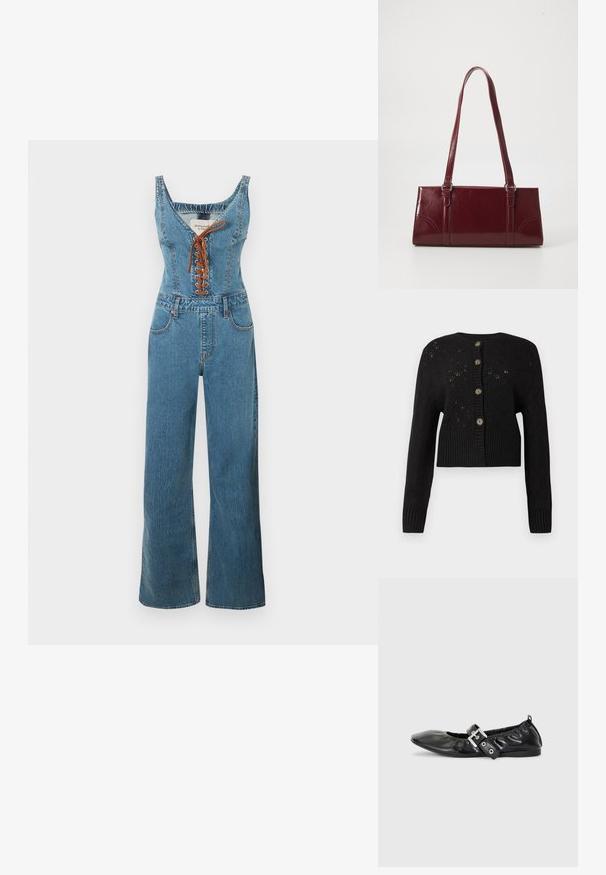 Denim jumpsuit met een nauwsluitend lijfje en wijde pijpen, voorzien van een ronde halslijn en een bruine vetersluiting aan de voorkant. Lichtblauwe kleur en gestructureerde stof.; Zwarte cropped cardigan met een gestructureerd gebreid patroon, voorzien van een geribde onderkant en vijf ronde bruine knopen aan de voorkant.; Zwarte leren platte schoen met een spitse neus, geplooide details rond de opening en een zilveren gespaccentueerde verstelbare band.; Bourgondische handtas van glanzend materiaal, rechthoekige vorm, met twee schouderbanden en subtiele gebogen accenten aan de voorkant.