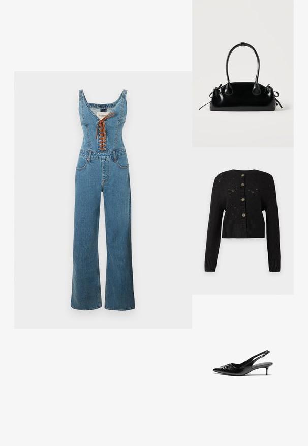 Denim overall med en tætsiddende overdel og vide bukseben, der har en rund halsudskæring og brun snørelukning foran. Lyseblå farve og struktureret stof.; Sort cropped cardigan med et struktureret strikket mønster, der har en ribbet kant og fem runde brune knapper ned ad forsiden.; Sorte læder slingback-pumps med spids tå, lav kitten-hæl og rynket detalje på overdelen. Glat tekstur og minimalistisk design.; Lille sort blank håndtaske med to lange håndtag og snøre-detaljer i siden på en ensfarvet lys baggrund.