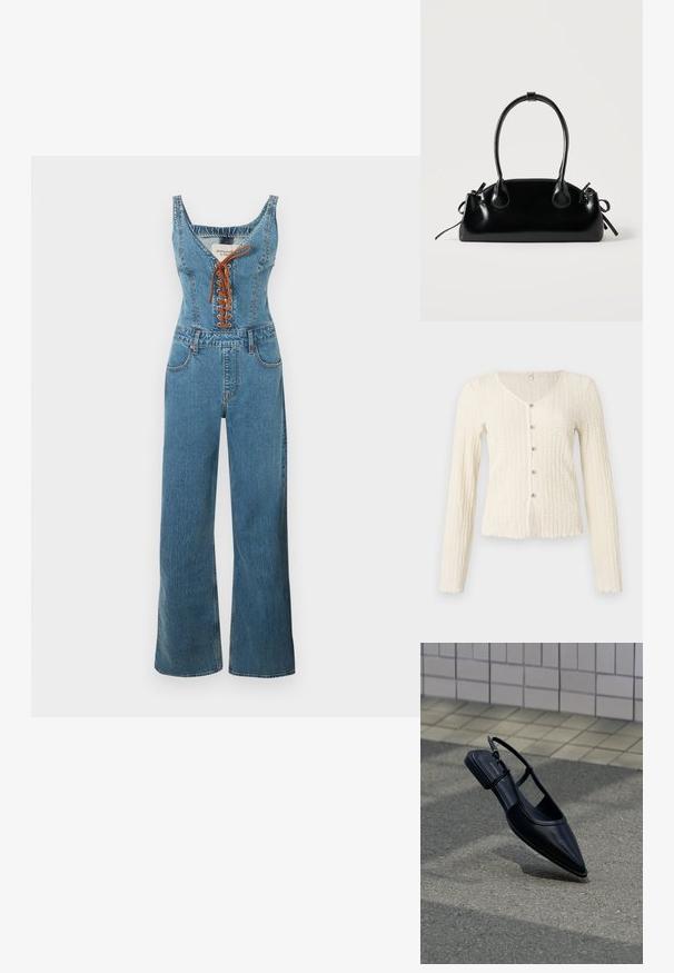 Combinaison en denim avec un corsage ajusté et un pantalon à jambes larges, présentant un col arrondi et un devant à lacets marron. Couleur bleu clair et tissu texturé.; Cardigan à manches longues couleur ivoire avec un motif tricoté texturé, doté d'un col en V et de cinq boutons métalliques sur le devant. Ourlet festonné.; Chaussure plate noire à bout pointu avec bride arrière, flottant au-dessus d'une surface en bitume à côté d'un trottoir carrelé.; Petit sac à main noir brillant avec deux longues anses et des détails à cordon sur les côtés sur un fond clair uni.