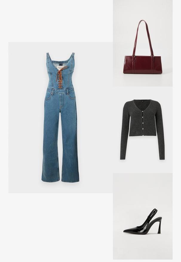 Combinaison en denim avec un corsage ajusté et un pantalon à jambes larges, présentant un col arrondi et un devant à lacets marron. Couleur bleu clair et tissu texturé.; Cardigan côtelé gris foncé à manches longues, décolleté en V et six boutons en perles décoratifs sur le devant. Longueur cropped.; Escarpin en cuir verni noir à talon aiguille, à bout pointu, avec une sangle élastique double pour un maintien sécurisé. Surface lisse et brillante.; Sac à main bordeaux en matériau brillant, de forme rectangulaire, avec deux anses et des accents légèrement courbés à l'avant.