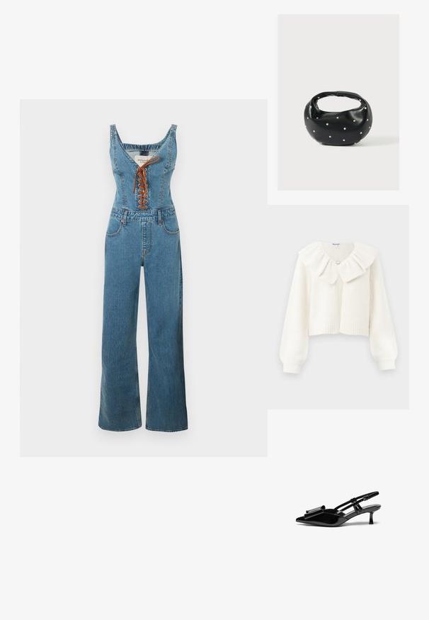 Combinaison en denim avec un corsage ajusté et un pantalon à jambes larges, présentant un col arrondi et un devant à lacets marron. Couleur bleu clair et tissu texturé.; Cardigan blanc court avec des poignets et un ourlet côtelés, doté d'un grand col froncé et d'un bouton argent décoratif au niveau du col.; Talons aiguilles en cuir verni noir avec un bout pointu, un détail en nœud à l'avant et un petit talon stiletto. Les brides sont équipées de boucles ajustables.; Sac à main en cuir noir de forme arrondie, décoré de clous argentés et équipé d'une poignée courte. Texture lisse et fermeture éclair.