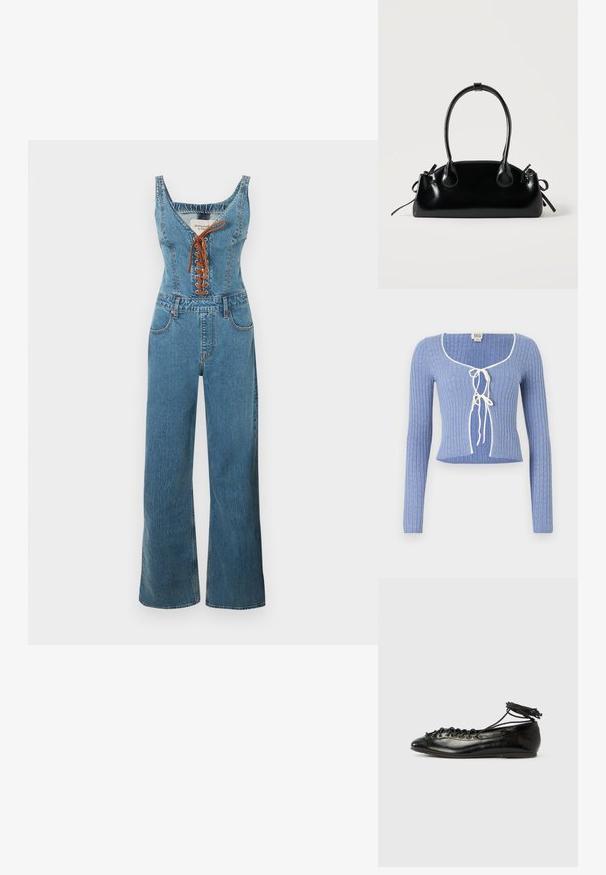 Jeans-Overall mit tailliertem Oberteil und weitem Bein, mit rundem Ausschnitt und brauner Schnürung vorne. Hellblaue Farbe und texturierter Stoff.; Helles blaues geripptes Crop-Top mit langen Ärmeln, das einen quadratischen Ausschnitt und weiße Bänder an der Vorderseite hat. Texturiertes Muster über das ganze Top.; Schwarze Ballerinas aus Lackleder mit runder Spitze, Schnürdesign und flacher Sohle. Glatte Textur mit minimaler Verzierung.; Kleine schwarze glänzende Handtasche mit zwei langen Griffen und seitlichen Kordelzug-Details vor einfachem hellem Hintergrund.
