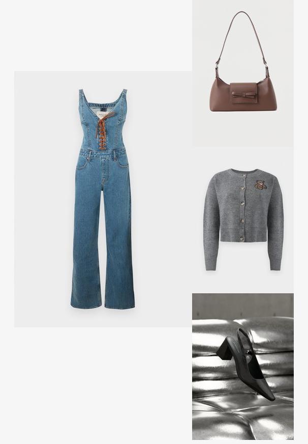 Denim overall med en tætsiddende overdel og vide bukseben, der har en rund halsudskæring og brun snørelukning foran. Lyseblå farve og struktureret stof.; Grå strikket cardigan med rund halsudskæring, ribbet kant, fem knapper og en broderet bjørnedetalje på venstre side.; Sort slingback-hæl med spids tå, der har en tekstureret overflade og en chunky blokhæl. Lagt mod en skinnende, metallisk baggrund.; Brun skuldertaske i læder med en frontlomme med klap, der har en sydd sløjfedetalje, og en justerbar rem.