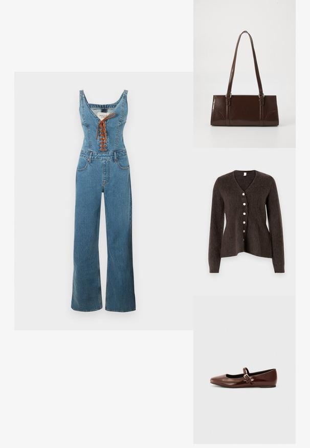 Combinaison en denim avec un corsage ajusté et un pantalon à jambes larges, présentant un col arrondi et un devant à lacets marron. Couleur bleu clair et tissu texturé.; Cardigan marron pelucheux avec un col en V, des manches longues, et six boutons blancs sur le devant. Forme légèrement évasée à l'ourlet.; Ballerine en cuir verni marron avec un bout carré et une lanière ornée d'une petite boucle dorée. Texture lisse, talon bas et design minimaliste.; Sac à main en cuir verni marron de forme rectangulaire, avec deux longues poignées et des accents courbés subtils à l'avant.