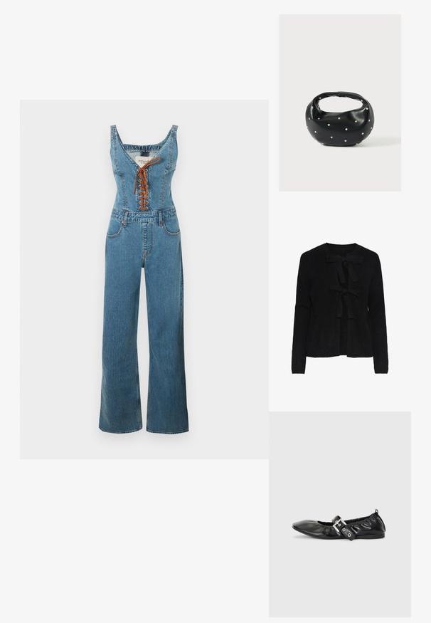 Denim overall med en tætsiddende overdel og vide bukseben, der har en rund halsudskæring og brun snørelukning foran. Lyseblå farve og struktureret stof.; Sort strikket cardigan med rund halsudskæring, prydet med to frontsnøringer og et struktureret mønster. Lange ærmer og cropped længde.; Sorte læder flade sko med spids tå, samling detaljer omkring åbningen, og en sølv spænde accent på den justerbare rem.; Sort læderhåndtaske med en rundet form, dekoreret med sølvnitter, og et kort håndtag. Glat tekstur og lynlåslukning.