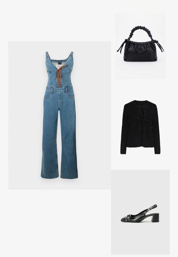 Denim jumpsuit met een nauwsluitend lijfje en wijde pijpen, voorzien van een ronde halslijn en een bruine vetersluiting aan de voorkant. Lichtblauwe kleur en gestructureerde stof.; Zwarte gebreide cardigan met een ronde hals, voorzien van twee voorknoopjes en een gestructureerd patroon. Lange mouwen en een cropped lengte.; Zwart leren slingback hak met een spitse neus, eenTextuur strap met cirkelvormige metalen accenten en een gestapelde blokhak.; Zwarte handtas met krokodillenstructuur, geplooide bovenrand, samengevoerde handgreep en koordtassels aan elke kant tegen een witte achtergrond.