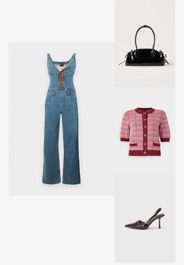 Jeans-Overall mit tailliertem Oberteil und weitem Bein, mit rundem Ausschnitt und brauner Schnürung vorne. Hellblaue Farbe und texturierter Stoff.; Rosa und burgunderfarbener Strickcardigan mit kurzen Ärmeln, großen Knöpfen entlang der Vorderseite, karierter Musterung und zwei vorderen Taschen.; Bordeauxroter Slingback-Pumps aus Lackleder mit spitz zulaufender Vorderkappe, dünnem Knöchelriemen und kleiner dekorativer Schnalle. Glatte Textur und hoher Absatz.; Kleine schwarze glänzende Handtasche mit zwei langen Griffen und seitlichen Kordelzug-Details vor einfachem hellem Hintergrund.