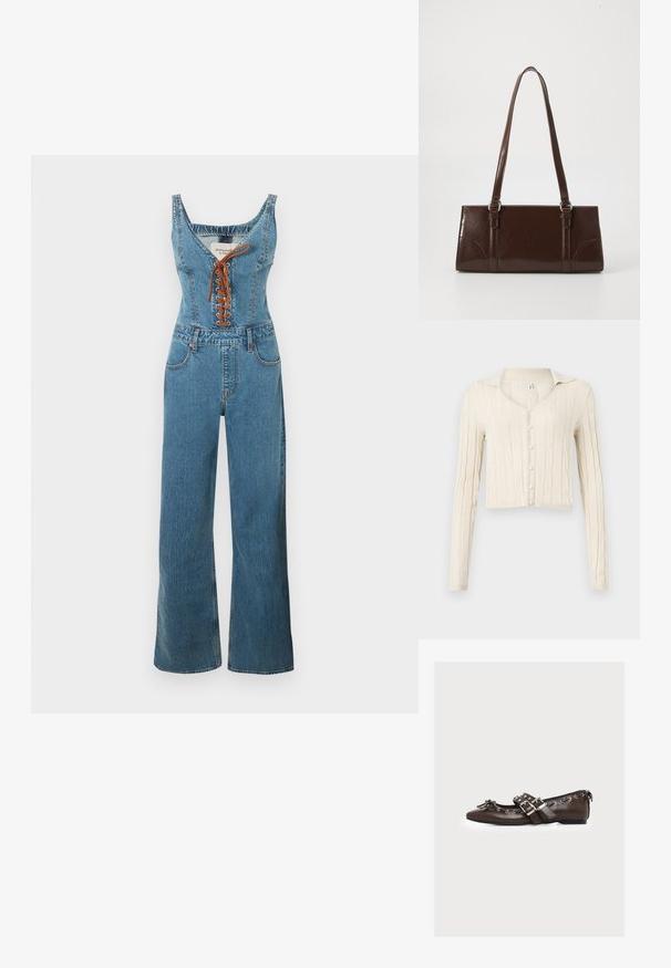 Combinaison en denim avec un corsage ajusté et un pantalon à jambes larges, présentant un col arrondi et un devant à lacets marron. Couleur bleu clair et tissu texturé.; Cardigan en tricot côtelé de couleur crème avec des manches longues, un décolleté en V et cinq boutons en perles sur le devant. Design court.; Chaussure plate en cuir marron avec doubles brides argentées à boucle, lacets décoratifs le long des bords, et un petit nœud sur la pointe pointue.; Sac à main en cuir verni marron de forme rectangulaire, avec deux longues poignées et des accents courbés subtils à l'avant.