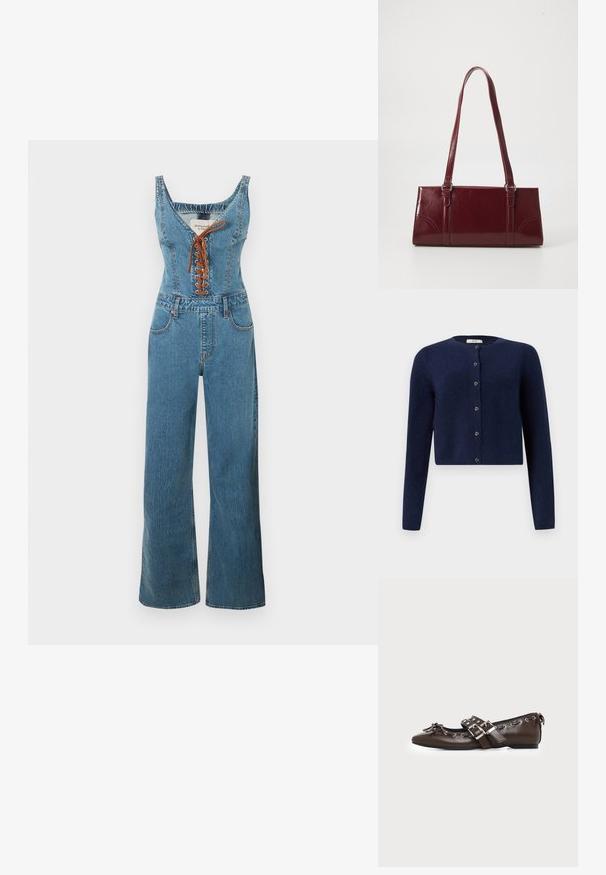 Denim overall med en tætsiddende overdel og vide bukseben, der har en rund halsudskæring og brun snørelukning foran. Lyseblå farve og struktureret stof.; JDY JDYCHLOE LIFE CARDIGAN - Cardigan - night sky; Mørkebrune lædersko med flad sål og spids snude, dobbelt sølvsnørrebånd, metaløjer og dekorativ sløjfe foran.; Bordeaux håndtaske lavet af glansfuldt materiale, rektangulær form, med to skulderremme og subtile buede detaljer på forsiden.