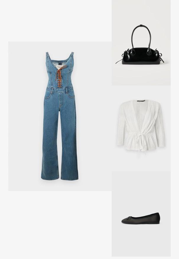 Combinaison en denim avec un corsage ajusté et un pantalon à jambes larges, présentant un col arrondi et un devant à lacets marron. Couleur bleu clair et tissu texturé.; Cardigan blanc en tricot avec devant ouvert, manches longues, motif texturé et ceinture nouée à la taille.; Ballerines noires avec une finition mate lisse, un bout arrondi et un nœud décoratif à l'avant. Elles présentent un talon bas et plat.; Petit sac à main noir brillant avec deux longues anses et des détails à cordon sur les côtés sur un fond clair uni.