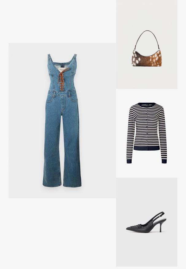Jeans-Overall mit tailliertem Oberteil und weitem Bein, mit rundem Ausschnitt und brauner Schnürung vorne. Hellblaue Farbe und texturierter Stoff.; Marineblaue und cremefarbene gestreifte Strickjacke aus weichem Strickstoff, mit Rundhalsausschnitt, langen Ärmeln und Knopfverschluss vorne.; Schwarzer Leder-Slingback-Stiletto mit spitzem Zehenaufsatz, seitlichem Schnallenriemen, Nieten entlang der Kante und dekorativer Schnürung vorne.; Schultertasche mit braun-weiß geflecktem Kunstpelz und einem dünnen schwarzen Riemen, dargestellt vor weißem Hintergrund.