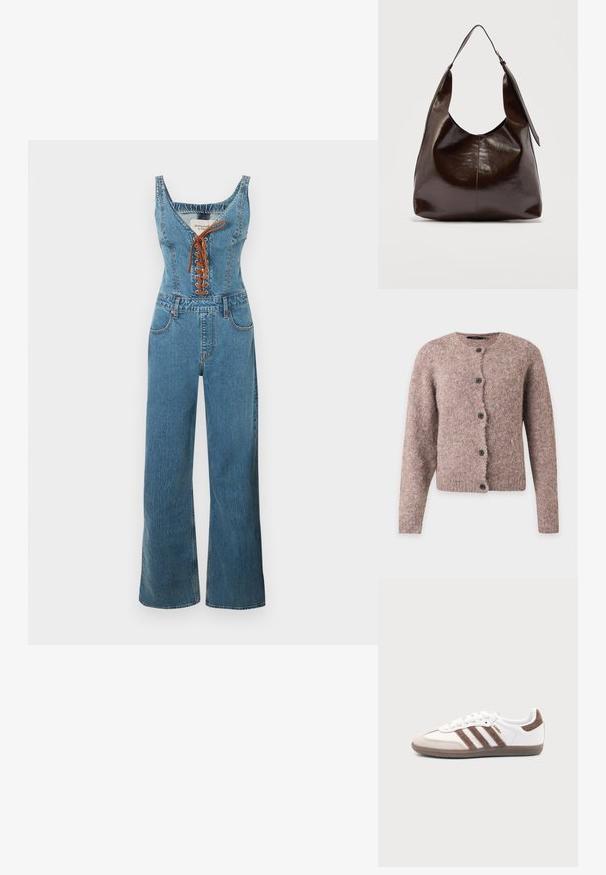 Denim jumpsuit met een nauwsluitend lijfje en wijde pijpen, voorzien van een ronde halslijn en een bruine vetersluiting aan de voorkant. Lichtblauwe kleur en gestructureerde stof.; Zachte roze-bruin pluizige cardigan met lange mouwen, ronde halslijn en vijf zwarte knopen aan de voorkant.; Witte Adidas Samba sneaker met bruine suède strepen, bruine rubberen zool en beige suède neuskap, getoond vanaf de buitenkant op een effen achtergrond.; Donkerbruine glanzende leren schoudertas met een enkele brede riem en gespsdetail aan één kant, tegen een effen lichte achtergrond.