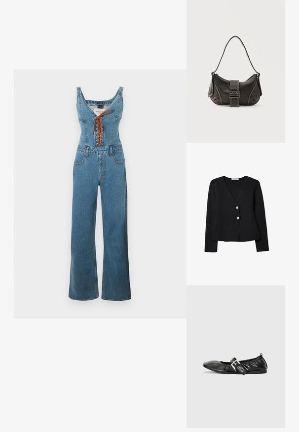 Denim overall med en tætsiddende overdel og vide bukseben, der har en rund halsudskæring og brun snørelukning foran. Lyseblå farve og struktureret stof.; Sort strikket cardigan med v-udskæring, fremhævet af to guldknapper og en let udvidet kant. Blød struktur og lange ærmer.; Sorte læder flade sko med spids tå, samling detaljer omkring åbningen, og en sølv spænde accent på den justerbare rem.; Sort læder skuldertaske med spænde på remmen, afrundede kanter og kontrasterende hvide syninger på en ensfarvet baggrund.