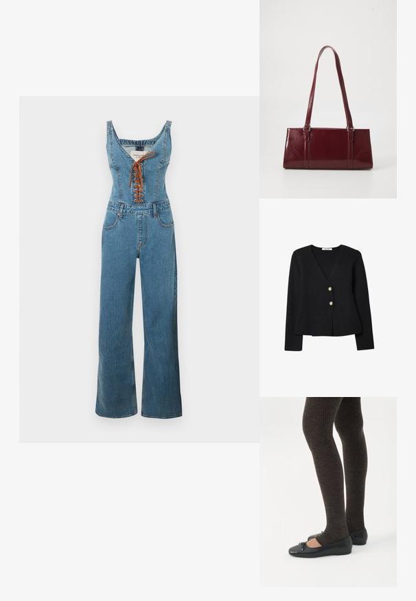 Denim jumpsuit met een nauwsluitend lijfje en wijde pijpen, voorzien van een ronde halslijn en een bruine vetersluiting aan de voorkant. Lichtblauwe kleur en gestructureerde stof.; Zwarte gebreide cardigan met een V-hals, voorzien van twee gouden knopen en een licht uitlopende zoom. Zachte textuur en lange mouwen.; Benen met donkere geribbelde leggings gecombineerd met zwarte ballerina's met kleine strikdetails op een witte achtergrond.; Bourgondische handtas van glanzend materiaal, rechthoekige vorm, met twee schouderbanden en subtiele gebogen accenten aan de voorkant.