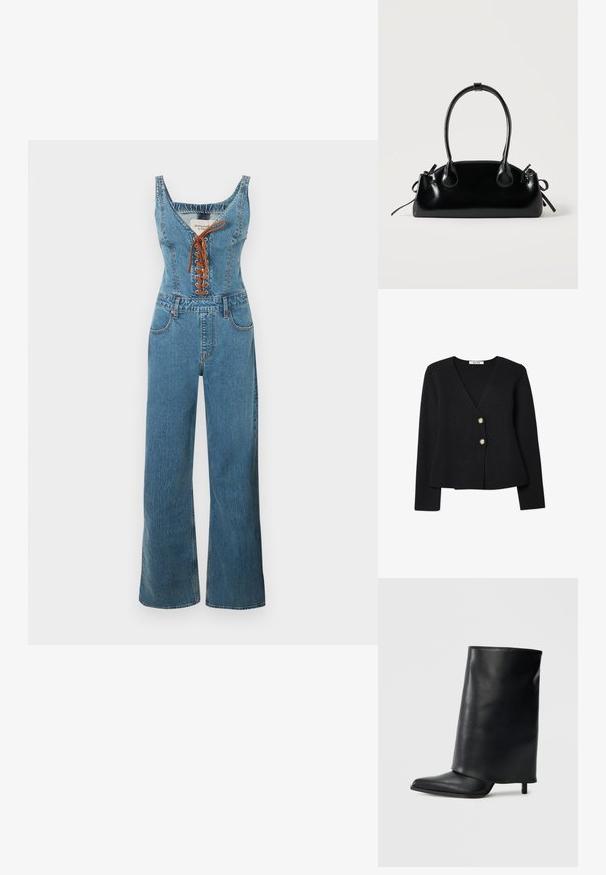 Denim jumpsuit met een nauwsluitend lijfje en wijde pijpen, voorzien van een ronde halslijn en een bruine vetersluiting aan de voorkant. Lichtblauwe kleur en gestructureerde stof.; Zwarte gebreide cardigan met een V-hals, voorzien van twee gouden knopen en een licht uitlopende zoom. Zachte textuur en lange mouwen.; Zwarte leren enkellaars met een gestructureerd, omgeslagen ontwerp, een spits toelopende neus en een dunne hak. Gladde textuur met minimale details.; Kleine zwarte glanzende handtas met twee lange hengsels en zijkant trekkoord details op een effen lichte achtergrond.
