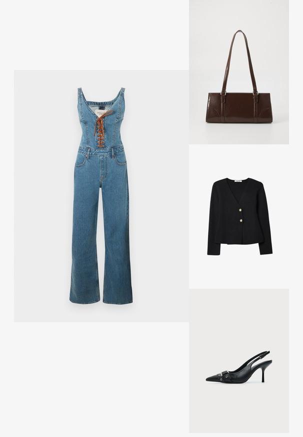 Denim overall med en tætsiddende overdel og vide bukseben, der har en rund halsudskæring og brun snørelukning foran. Lyseblå farve og struktureret stof.; Sort strikket cardigan med v-udskæring, fremhævet af to guldknapper og en let udvidet kant. Blød struktur og lange ærmer.; Sort læder højhælet sko med spidst tåparti, slingback og rem med spænde og nitter foran.; Brun lakeret håndtaske med rektangulær form, to lange håndtag og subtile buede detaljer på fronten.