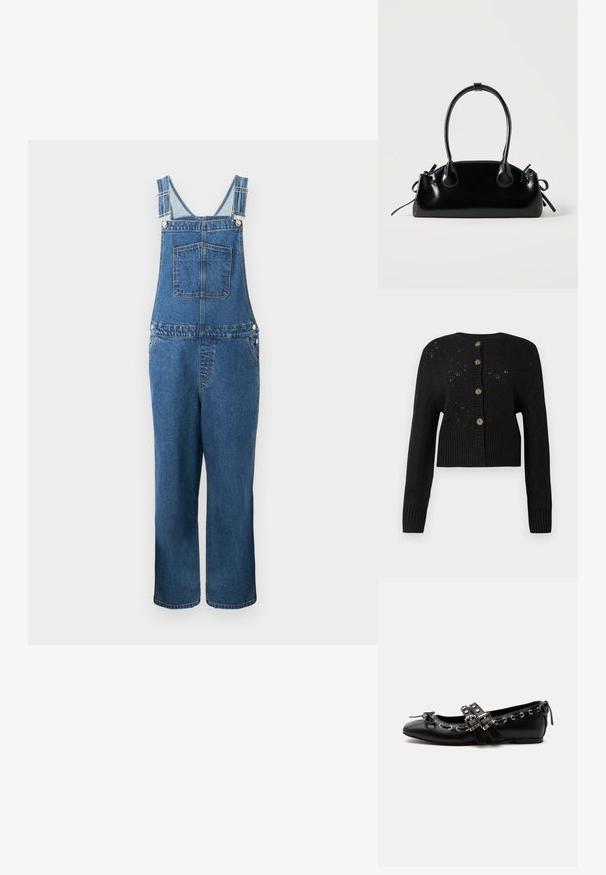 Denim overalls med justerbare stropper, en frontlomme og sidelommer. Farven er en mellemblå med en let falmet struktur.; Sort cropped cardigan med et struktureret strikket mønster, der har en ribbet kant og fem runde brune knapper ned ad forsiden.; Sort flad balletsko med dobbelt spænde, sølvøjer og en lille sløjfe nær den runde tå på en hvid baggrund.; Lille sort blank håndtaske med to lange håndtag og snøre-detaljer i siden på en ensfarvet lys baggrund.